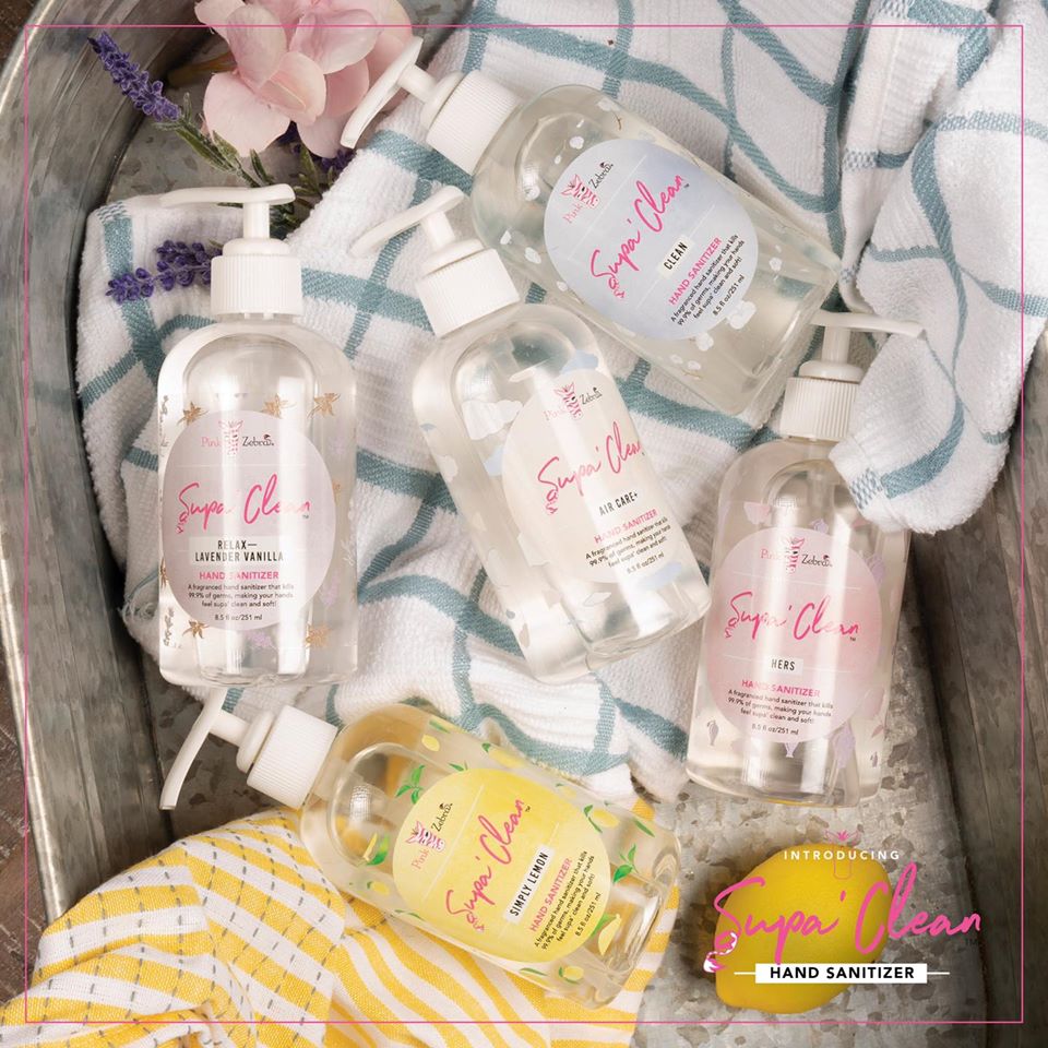 Pink Zebra hand sanitizer Current scents are Air Care+, Hers, Clean, Relax (Lavender & Vanilla), and Simply Lemon.